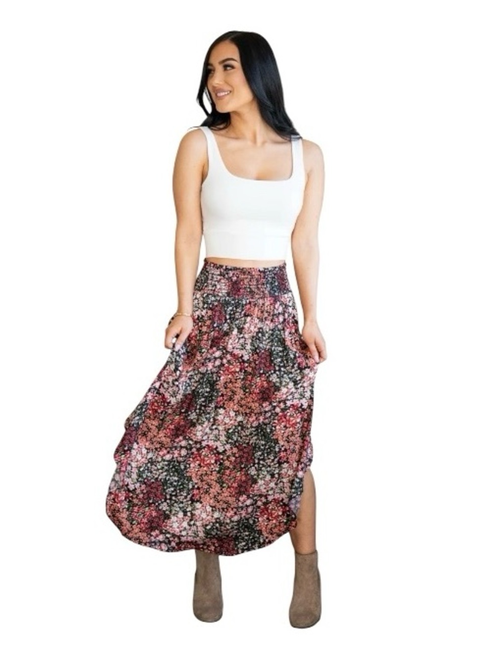 SOZY TENCEL MIA MIDI SKIRT Women’s SMALL In Black Bouquet Floral Pockets